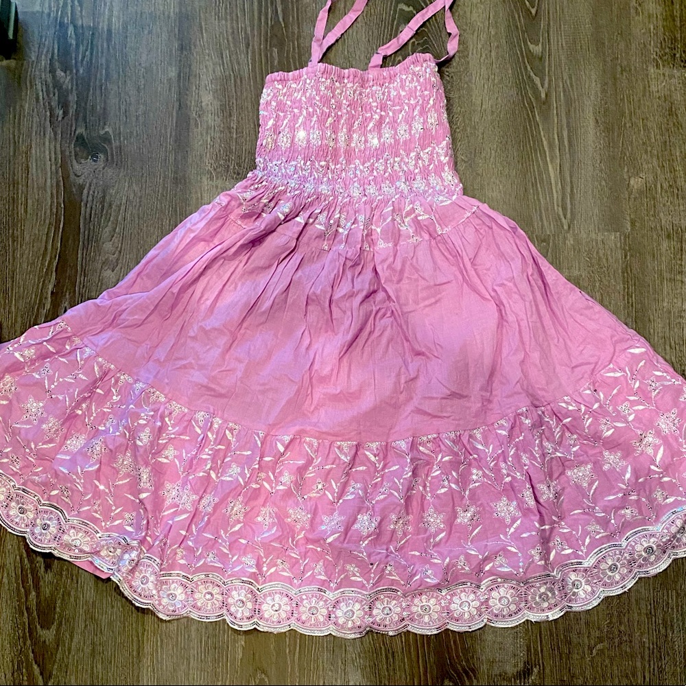Smocked orchid pink hippie sundress with sequins!
